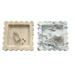 Natural marble and travertine scalloped trays for luxury home decor, entryway and jewelry storage.