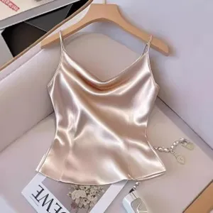 Women stylish satin camisole solid color V-neck strap vest detail view for summer fashion