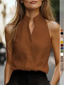 Camicetta smanicata collo alto spacco a V, dettaglio elegante top estivo da donna.
