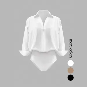 Body camisa de manga larga con cuello en V liso, vista detallada de moda minimalista.