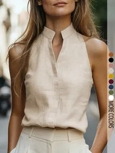 Top estivo casual senza maniche con collo alto a V effetto lino monocolore da donna.