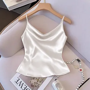 Women fashion solid color satin camisole V-neck elegant summer slip top for daily wear