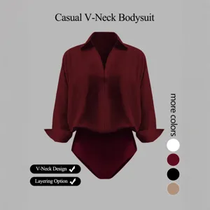 Body casual con cuello en V para mujer, elegante romper de camisa de manga larga con solapa.