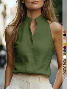 Elegante top smanicato minimalista in tinta unita con collo alto scollo a V dettaglio