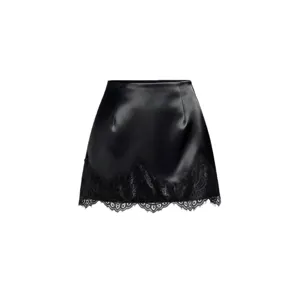 Eleganter schwarzer Satin-Minirock mit zarter Spitzenborte für Damen, stilvoll und modisch.