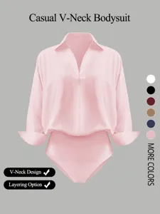 Body de camisa de manga larga con cuello en V casual para mujer, prenda minimalista.