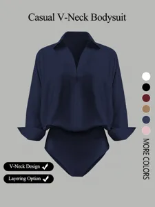 Body camisa manga larga cuello V casual, diseño color sólido elegante para mujeres.