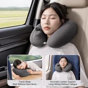 Portable inflatable travel neck pillow with press pump, comfortable support for car and flight.
