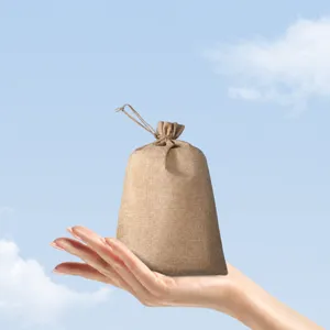 Portable linen drawstring storage bag, small size compact pouch for travel organization.