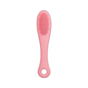 Pink silicone pet toothbrush and black chin removal brush with soft bristles and hanging hole.