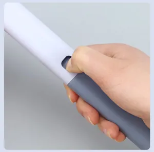 Long handle pet hair remover brush detail showing the functional button and clean grey design.
