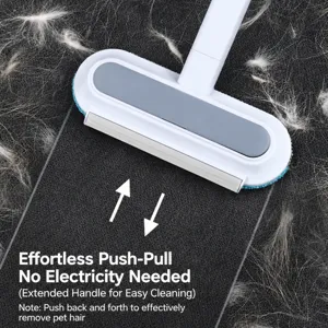 Long handle pet hair removal brush for carpet, dual-direction lint scraper and cleaner tool.