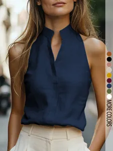 Donna camicetta senza maniche collo alto tinta unita top elegante moda casual lavoro