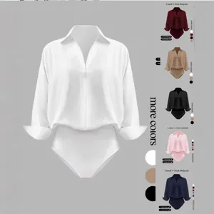 Bodysuit de Manga Larga con Cuello en V Color Sólido Casual para Mujer Elegante Poliéster Corte Regular Moda