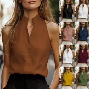 Top Senza Maniche Casual Tinta Unita Collo a V Collo Semi Alto da Donna Blusa Base Moda Estiva