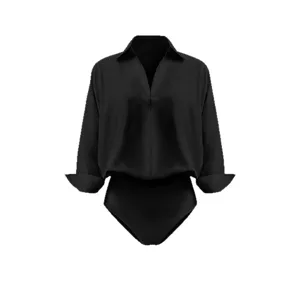 Mujer Negro Manga Larga Cuello en V Camisa Body Color Sólido Casual Chic Body Top