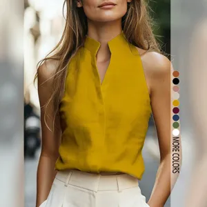Top senza maniche collo alto scollo V tinta unita, elegante camicetta donna estate casual.
