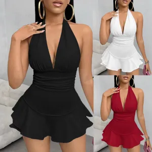 Combinaison Femme Sexy Halter Dos Nu Couleur Unie Élégant Col V Volants Slim Sans Manches Romper Clubwear