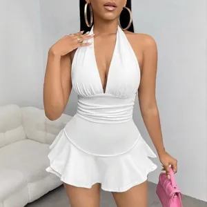 Femme Blanc Col Halter V Profond Dos Nu Froncé Volant Romper De Fête Image Principale