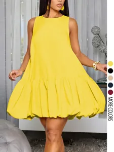 Abito estivo smanicato con orno a palloncino, vestito casual trapezoidale tinta unita elegante.