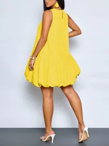 Elegante abito estivo donna senza maniche largo linea A orlo volant mini vestito giallo
