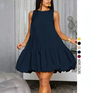 Abito corto estivo casual senza maniche a trapezio da donna in elegante tinta unita blu