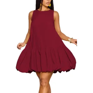 Abito estivo casual senza maniche con orlo a palloncino da donna, vestito svasato elegante tinta unita.