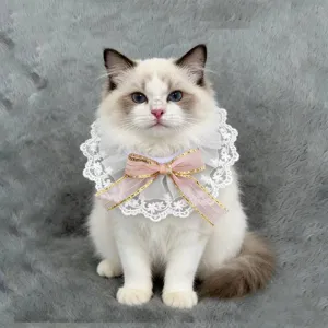 Close-up of cute white lace pet collar with pink gold bow, soft fabric, detailed design.