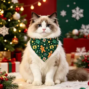 Christmas pet bandana detail, cute cat wearing green festive bib with cute holiday prints.