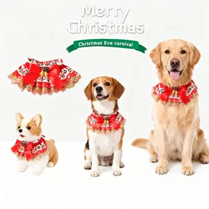Christmas pet lace bib and scarf with red bow and bells, perfect festive dress for dogs and cats.