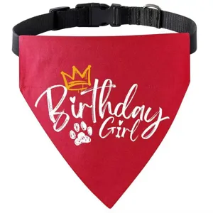 Red dog birthday bandana with black adjustable collar, cute crown and paw print design for pets.