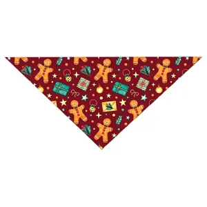 Christmas pet bandana detail, cute gingerbread man and gift box print, soft polyester dog bib.