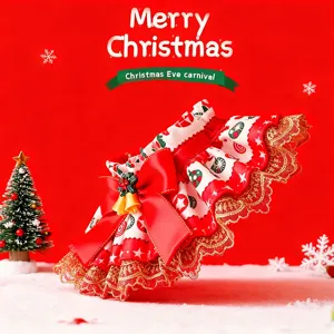 Christmas pet collar bib with red lace bow and golden bell for cute cats and dogs holiday dress.