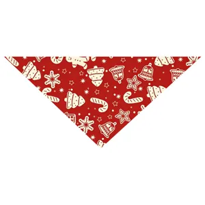 Christmas pet bandana for dogs and cats, red polyester holiday scarf with cute festive print.