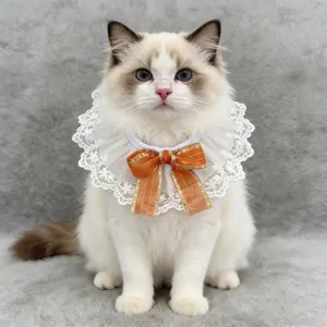 Cute lace pet collar with orange bow for cats and dogs, stylish neck decoration accessory.