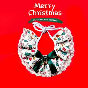 Christmas pet lace bib scarf with green bow and bell for cats and dogs festive party wear
