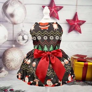 Christmas pet dress detail featuring cute Santa Claus print and a large red bowknot.