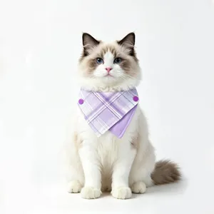 Detail shot of a cute cat wearing a purple plaid pet bib, double sided wearable soft scarf.