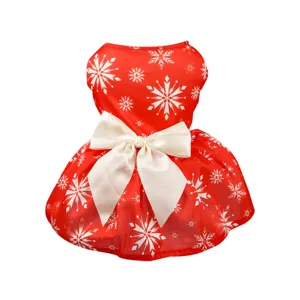 Christmas pet dress with white snowflake print and large bowknot for small dogs and cats.