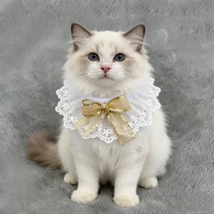 Cute lace cat collar with gold bow tie, beautiful pet neck decoration for dogs and cats.