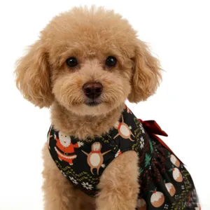 Christmas pet dress for dogs and cats, featuring cute holiday print and red bow, summer cool.