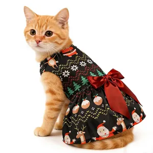 Christmas cat dress with festive Santa print and large red bow, cute pet apparel for holiday party.
