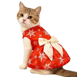 Cute Christmas pet dress for cats and dogs, summer cool printed red dress with a big bow.