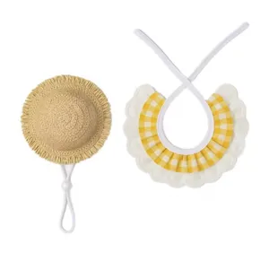 Cute pet straw hat and yellow checkered bib set, summer sun protection accessories for cats.