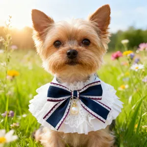 Cute pet lace bib with blue bow and pearl pendant, perfect for dogs and cats detail shot.