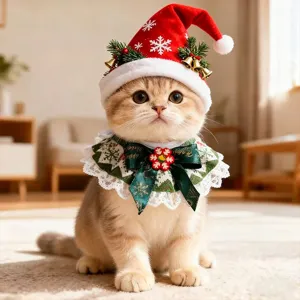 Detailed view of the cute cat wearing a Christmas Santa hat and green lace bib collar.