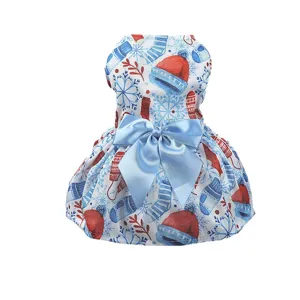 Christmas pet dress dog clothes winter snowflake print cute bow puppy apparel outfit