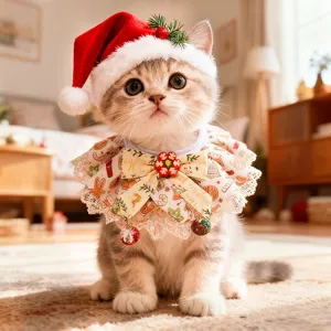 Christmas pet bib and Santa hat set for cats and small dogs, cute holiday costume apparel.
