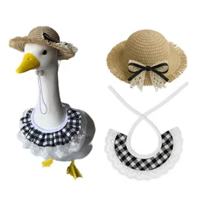 Cute pet straw hat and plaid lace bib set, perfect for summer outdoor sun protection and dressing.