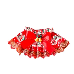 Christmas pet bib collar with red bow golden bells lace festive dog cat dress up accessory